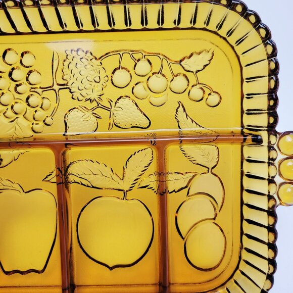 Vintage Indiana Glass Amber Divided Relish Serving Tray Fruits Apple Grapes USA - Picture 6 of 10